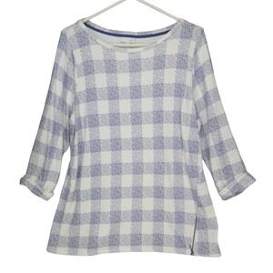 J.‎ Jill Pullover Sweatshirt Top S White Blue Soft Terry Plaid 3/4 Sleeve Casual